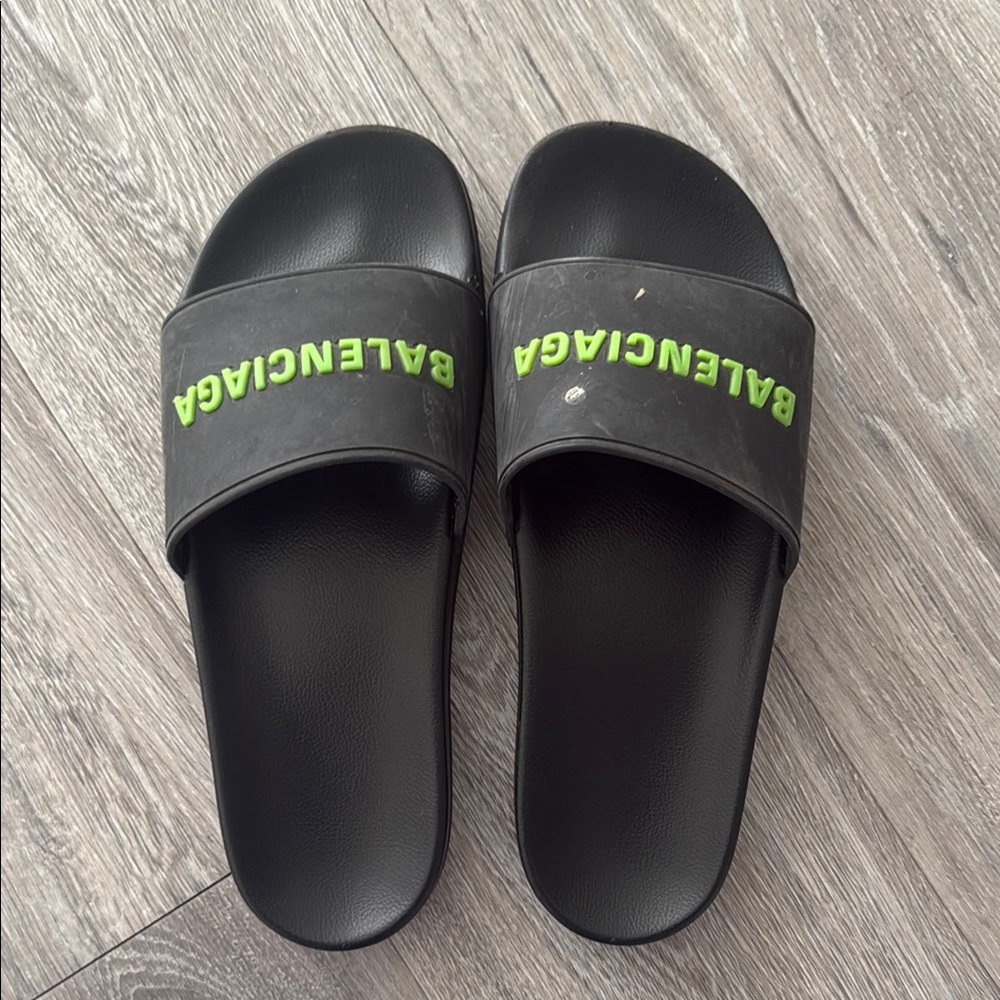 Balenciaga Black and Green Slide Sandals